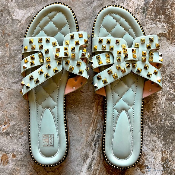 Light teal aqua sandals with gold studs size 43 9.5 - Picture 1 of 2